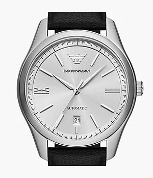 Emporio Armani Automatic Three-Hand Date Black Leather Watch