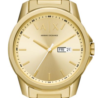Armani Exchange Three-Hand Day-Date Gold-Tone Stainless Steel Watch
