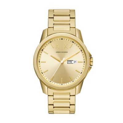 Armani Exchange Three-Hand Day-Date Gold-Tone Stainless Steel Watch