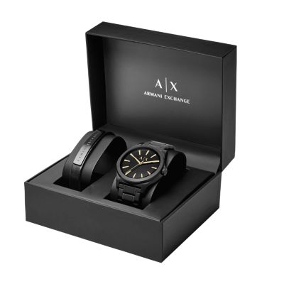 Armani Exchange Three-Hand Black Stainless Steel Watch and Bracelet Gift Set