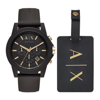 Coffret cadeau avec montre Armani Exchange chronographe en silicone, noire, et étiquette à bagage