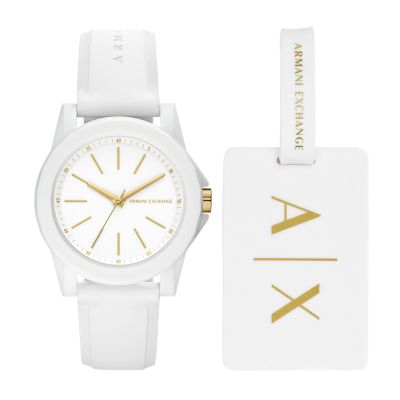 Armani Exchange Geschenkset Uhr 3-Zeiger-Werk Silikon weiß Kofferanhänger