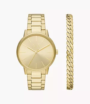Armani Exchange Three-Hand Gold-Tone Stainless Steel Watch and Gold-Tone Stainless Steel Bracelet Set