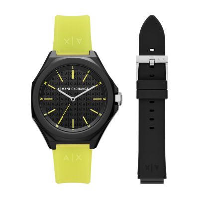 Coffret montre Armani Exchange à trois aiguilles, en silicone, jaune, avec bracelet