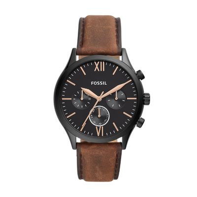 Fenmore Midsize Multifunction Brown Leather Watch Fossil