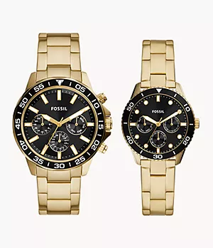 His and Her Multifunction Gold-Tone Stainless Steel Watch Set