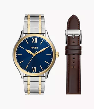Coffret avec montre Fenmore à trois aiguilles en acier inoxydable bicolore et bracelet