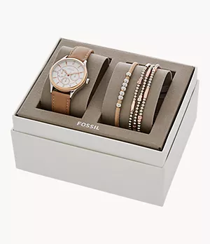 Modern Sophisticate Multifunction Tan Leather Watch And Jewelry Gift Set
