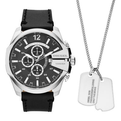 Diesel Mega Chief Chronograph Black Leather Watch and Necklace Set