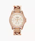 Riley Multifunction Rose Gold-Tone and Sand Leather Watch