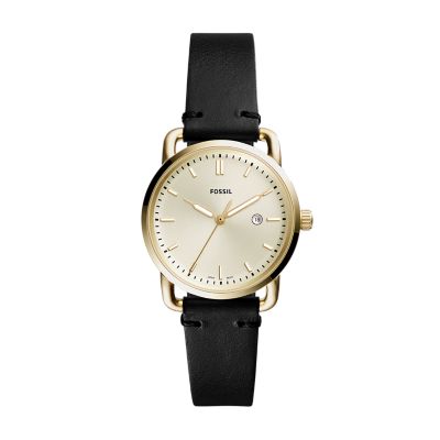 The Commuter ThreeHand Date Black Leather Watch Fossil