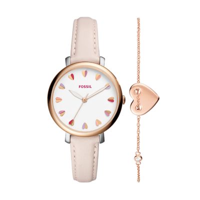 Káº¿t quáº£ hÃ¬nh áº£nh cho Fossil Jacqueline Three-Hand Pastel Pink Leather Watch and Jewelry Box Set