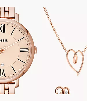 Jacqueline Three-Hand Date Rose Gold-Tone Stainless Steel Watch and Jewellery Set