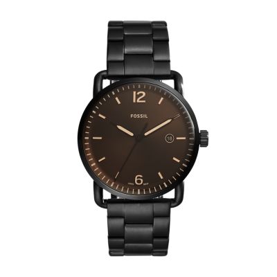 The Commuter ThreeHand Date Black Stainless Steel Watch Fossil