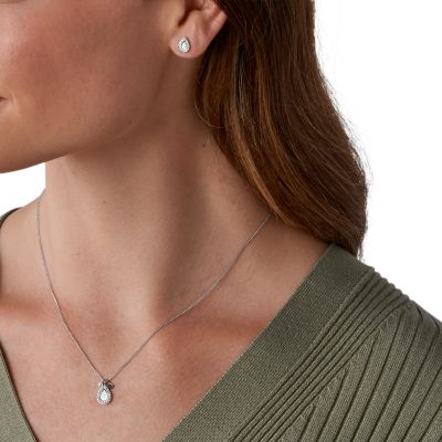Mothers Day Mother-of-Pearl Stainless Steel Pendant Necklace and Earrings Set