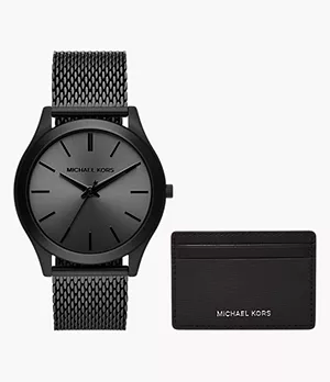 Michael Kors Runway Three-Hand Black Stainless Steel Mesh Watch and Wallet Gift Set