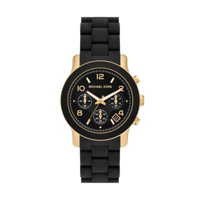 Michael Kors Runway Chronograph Gold-Tone Stainless Steel and Black Silicone Watch