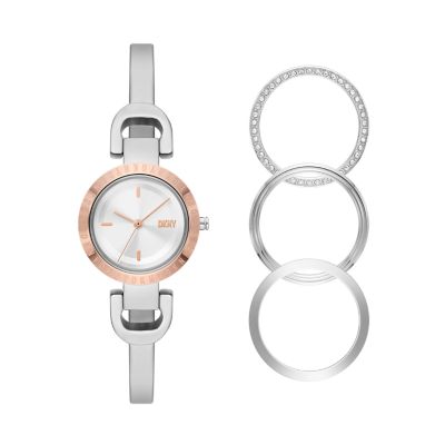 DKNY City Link Three-Hand Stainless Steel Watch and Top Rings Set