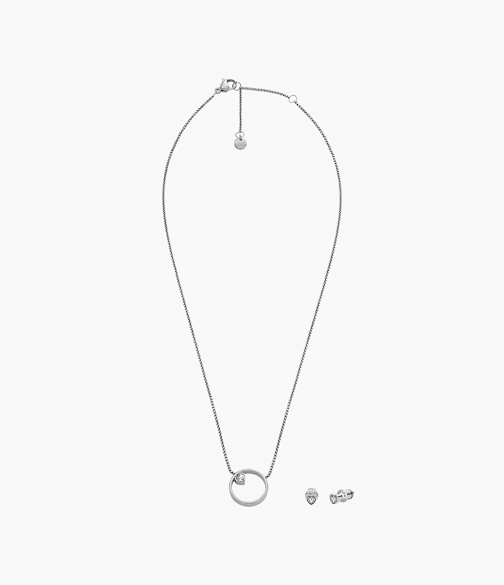 Skagen Women’s Kariana Gift Set Glitz Heart Earrings and Necklace - Silver-Tone
