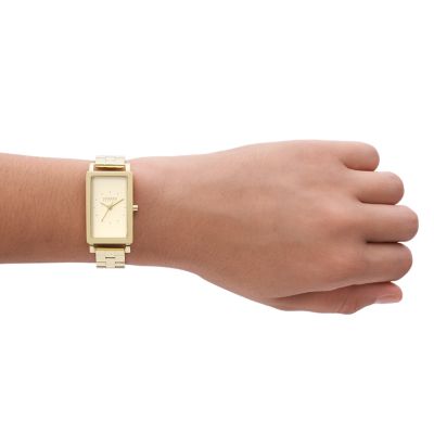 Hagen Three-Hand Gold Stainless Steel Rectangular Watch