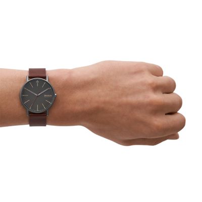 Skagen Signatur Three-Hand Cherry Wood Leather Watch