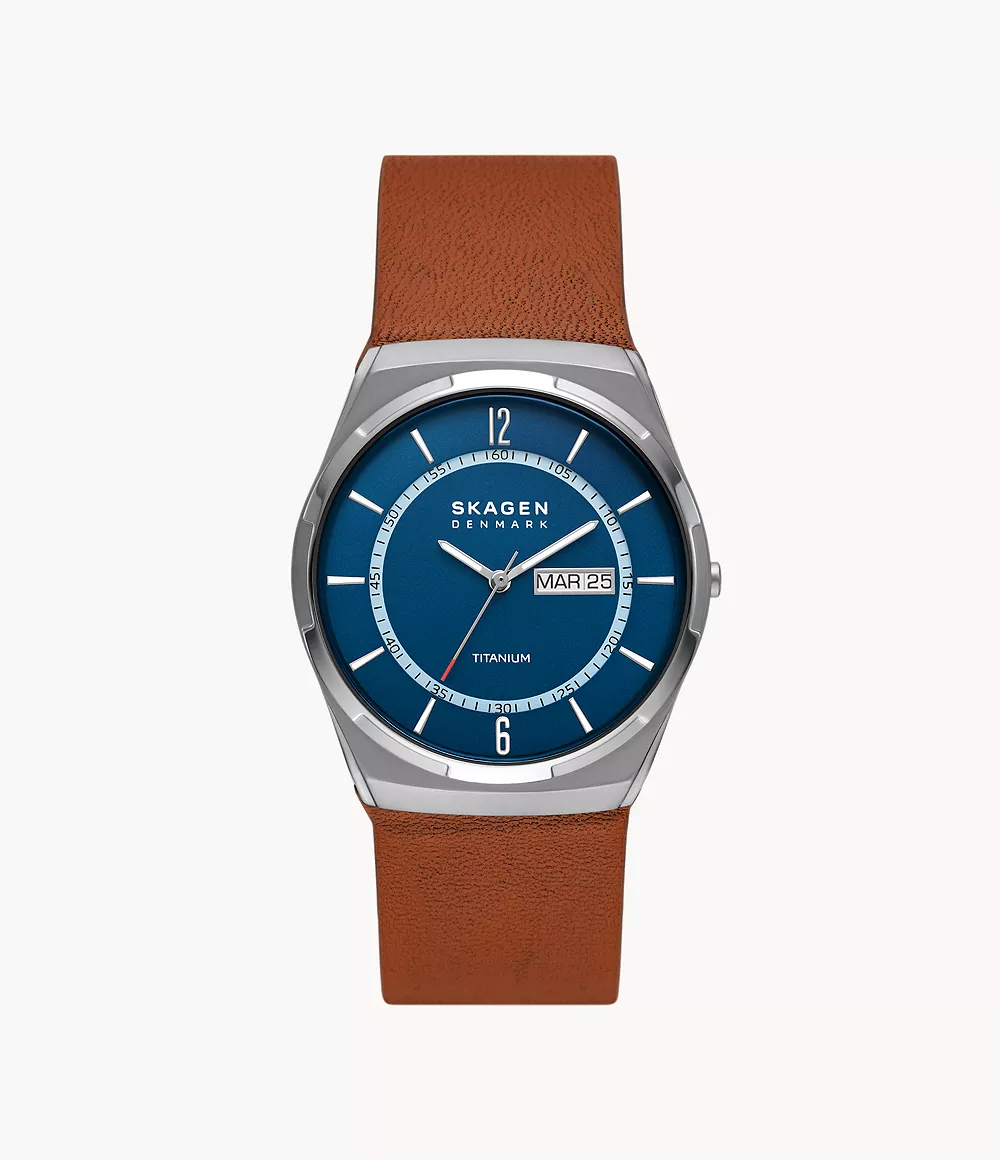 Skagen Men’s Melbye Titanium Three-Hand Day-Date Luggage Leather Watch