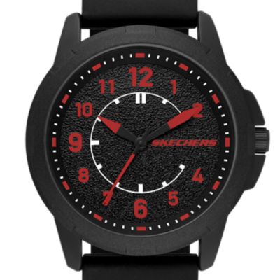 Skechers Manitoba 43MM Black Metal Case and Black Silicone Strap with Red Dial Accents, Quartz analogue 3-Hand Watch