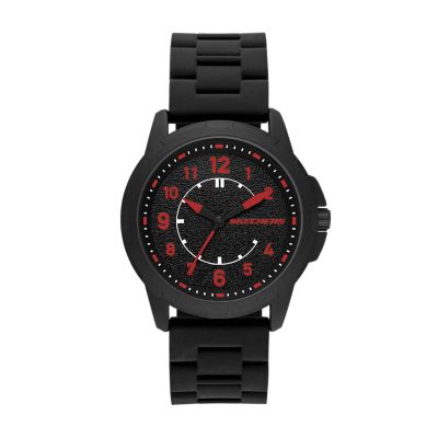 Skechers Manitoba 43MM Black Metal Case and Black Silicone Strap with Red Dial Accents, Quartz analogue 3-Hand Watch