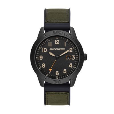 Skechers Men's Burlingame 45mm Three-Hand Date Quartz Analogue Watch with Black Silicone Strap with Army Green Nylon and Black Case