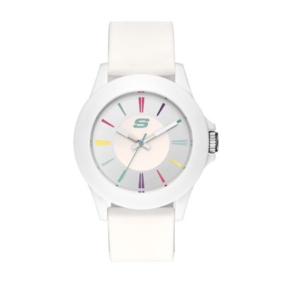 Skechers Rosencrans 40MM Quartz Analog Watch with Silicone Strap and Plastic Case, White with Multi-Color Accent