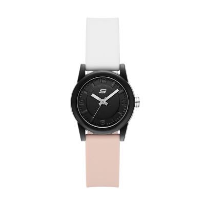 Skechers Rosencrans 40 mm Quartz Analogue Watch with Silicone Strap and Plastic Case, Black, White & Blush
