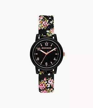Skechers Toluca Women's 34MM Plastic Case & Printed Silicone Strap Quartz Analog Watch, Black Floral