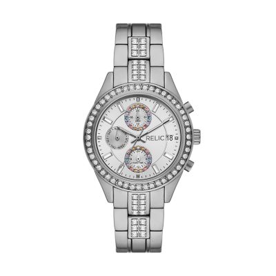 Relic by Fossil Camila Multifunction Silver-Tone Metal Glitz Watch with Colour Crystals