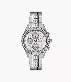 Relic by Fossil Camila Multifunction Silver-Tone Metal Glitz Watch with Color Crystals
