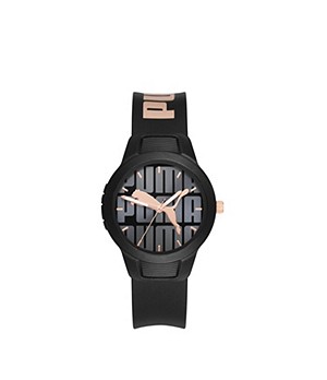 PUMA Reset V2 Three-Hand Black and Rose Gold Polyurethane Watch