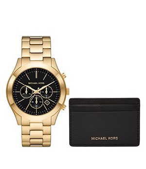 Michael Kors Slim Runway Chronograph Gold-Tone Stainless Steel Mens Watch and Slim Card Case Set