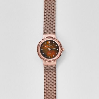 Leonora Rose Gold Tone Steel Mesh Watch 456SRR1 Skagen