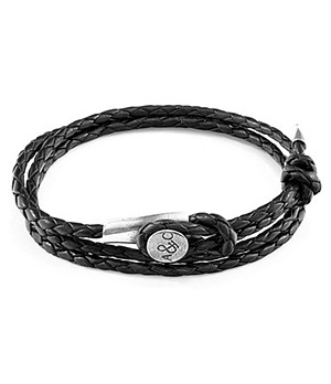 ANCHOR AND CREW Coal Black Dundee Silver and Braided Leather Bracelet