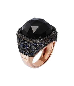 Bronzallure Black Onyx 18Kt Rose Gold Plated Onyx And Blue Nano Chevalier Ring