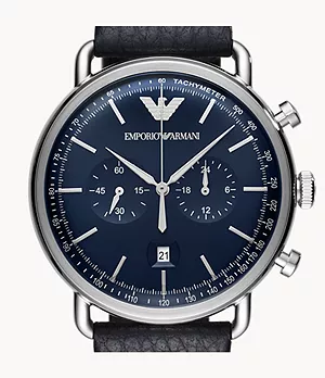 Emporio Armani Herren Uhr Chronograph Leder blau