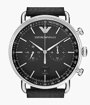 Montre chronographe en cuir noir pour hommes Emporio Armani
