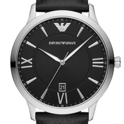Montre à trois aiguilles avec date en cuir noir pour hommes Emporio Armani