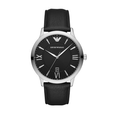 Armani watch men's black deals leather strap