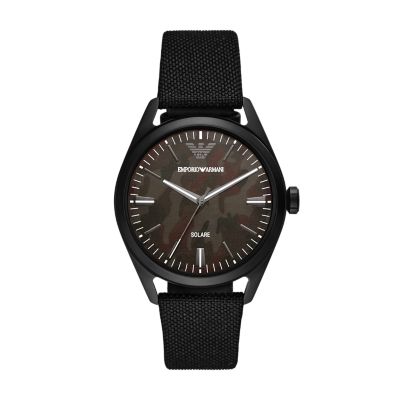 Emporio Armani Three Hand Black Fabric Watch AR11397 Watch Station