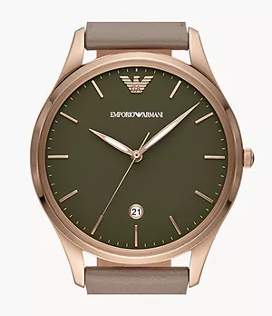 Emporio Armani Three-Hand Date Grey Leather Watch