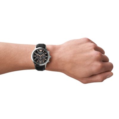 Leather AR11431 Station - Watch Emporio Chronograph - Black Watch Armani