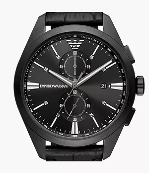 Montre chronographe en cuir noir Emporio Armani