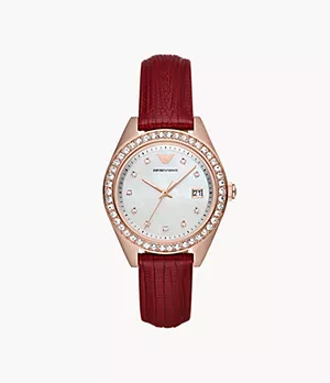 Emporio Armani Three-Hand Date Red Leather Watch