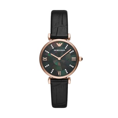 Emporio Armani Two-Hand Black Leather Watch