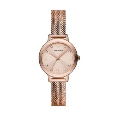 Emporio Armani Three-Hand Rose Gold-Tone Stainless Steel Mesh